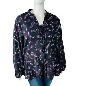 Lane Bryant Womans Sz 26 Plus Blouse Floral Long Sleeve Blue V Neck Black Purple